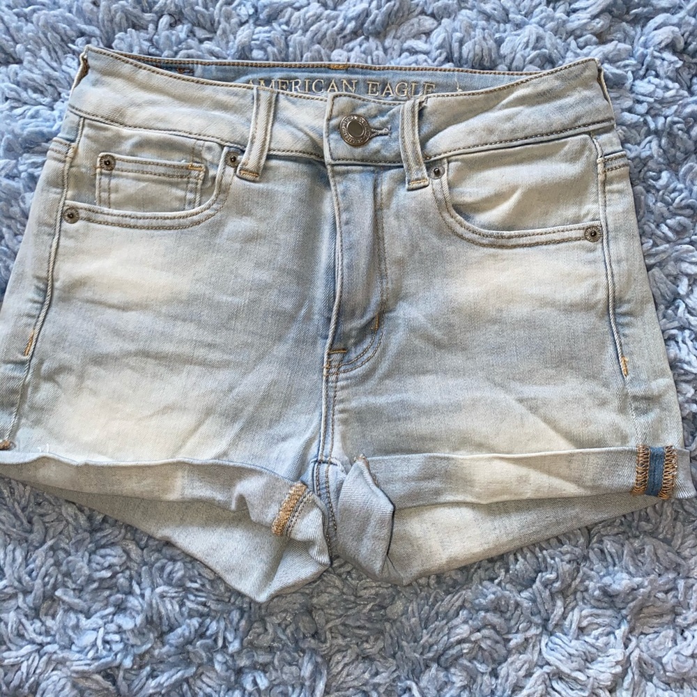 American Eagle light wash denim high rise shorts